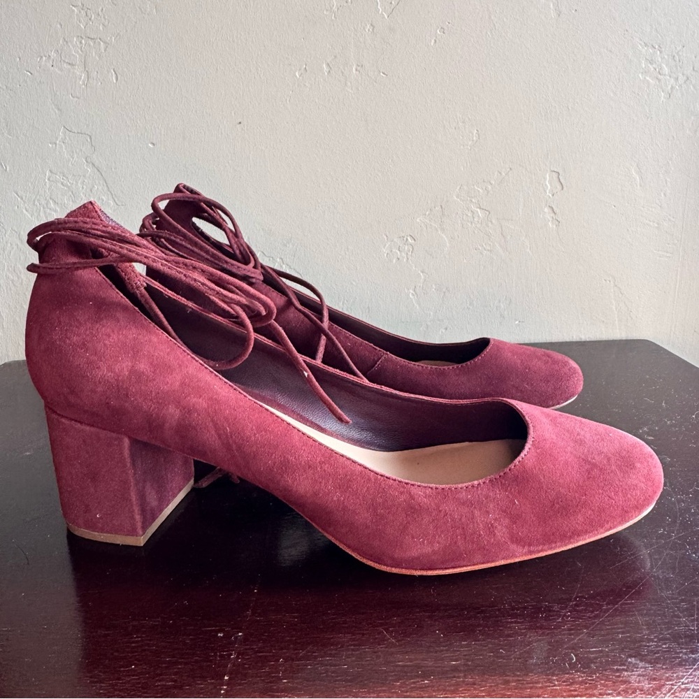 Loeffler Randall Clara Suede Ankle Wrap Burgundy Heels Pumps Block Heel